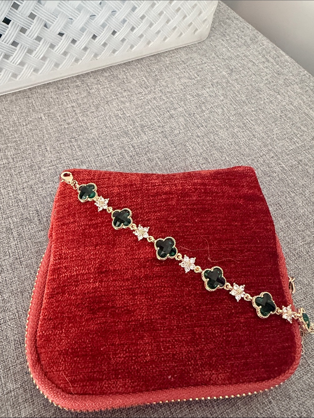 Gold-Tone Bracelet with Dark Green Clover Motifs